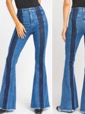 MUMU BLUE by SHOW ME YOUR MUMU Cam Cam Zip Up Bells Blue Jeans Striped Size 27